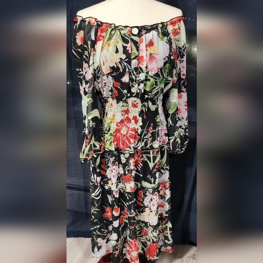 Figueroa & Flower Floral Midi Dress | Off Shoulder | Smocked Waist | Lined | M